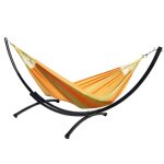 Hamac xxl en coton vert et jaune et son pied en m�tal xl