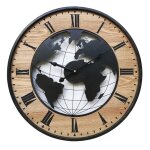 Horloge murale monde effet bois et m�tal noir et marron � 50 cm