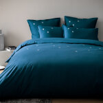 Housse de couette brode en percale de coton bio bleu paon 240x220cm