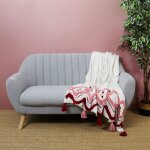 Jet de canap thnique blanc et rose avec pompons 130 x 170 cm
