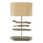 Lampe en bois flott vert olive et abat - jour en fibres tresses h43