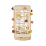 Lampe en hévéa et osier avec pompons multicolores Lampe en hévéa et osier avec pompons multicolores