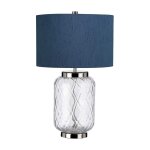 Lampe  poser en verre et abat - jour en faux soie bleu h : 50, 5cm