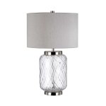 Lampe  poser en verre et abat - jour en faux soie gris h : 50, 5cm