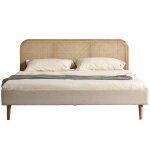 Lit adulte 140x190 cm en velours c�tel� beige, t�te de lit en cannage
