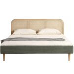 Lit adulte 160x200 cm en velours ctel vert, tte de lit en cannage