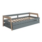 Lit banquette 90x200cm avec tiroir en mdf et pin coloris gris vert et Lit banquette 90x200cm avec tiroir en mdf et pin coloris gris vert et