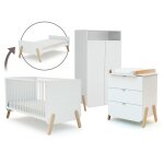 Lit bébé évolutif, commode à langer et armoire blanc hêtre verni Lit bébé évolutif, commode à langer et armoire blanc hêtre verni