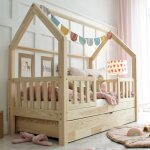 Lit cabane 90x190 barri�res sommier et tiroir inclus beige