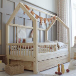 Lit cabane 90x190 barrire sommier et tiroir inclus beige