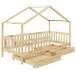 Lit cabane enfant 2 tiroirs en bois massif coloris naturel, 90 x 190