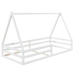 Lit cabane enfant montessori au sol en bois massif blanc, 90 x 190 cm