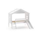 Lit cabane mi - hauteur 90x200 avec 2 fentres et toboggan blanc