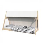 Lit cabane avec toile et sommier, bois clair, 90x200 cm