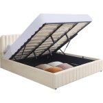 Lit coffre 180x200 cm avec tête de lit en velours beige Lit coffre 180x200 cm avec tête de lit en velours beige