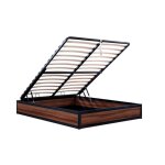 Lit coffre style industriel bois fonc & mtal ouverture large 140x190