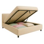 Lit coffre avec tte de lit en bouclette sable 180x200 cm