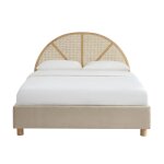 Lit coffre velours beige sable cannage 160x200 sommier inclus