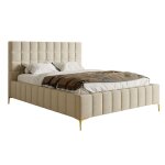 Lit double avec tête de lit 180x200 en tissu chenille beige Lit double avec tête de lit 180x200 en tissu chenille beige