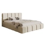 Lit double avec tête de lit 180x200 en tissu chenille beige clair Lit double avec tête de lit 180x200 en tissu chenille beige clair