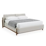 Lit double en tissu cru pitement bois fonc 140x190 cm