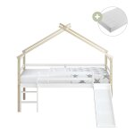 Lit enfant avec toboggan avec matelas hybride marron 90 x 200cm