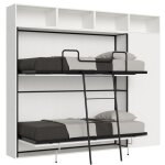 Lit escamotable horizontal superpos av. matelas effet bois frne blanc