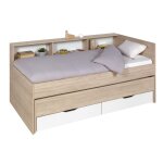 Lit gigogne 90x200 cm + 2 tiroirs de rangement bois et blanc Lit gigogne 90x200 cm + 2 tiroirs de rangement bois et blanc