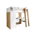 Lit mezzanine avec bureau et armoire blanc et bois