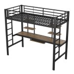 Lit mezzanine mtallique noir avec bureau et deux tagres 90x200cm
