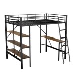 Lit mezzanine mtallique noir avec bureau et tagres 90x200 cm