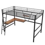 Lit mezzanine mtallique noir avec bureau en l et tagre 90x200cm