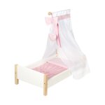 Lit poupe en bois laqu blanc avec habillage textile rose