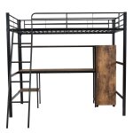 Lit simple superpos en mtal noir effet bois avec bureau
