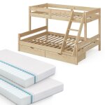 Lit superpos avec 2 matelas et 2 tiroirs, naturel bois 207. 6 x 131cm