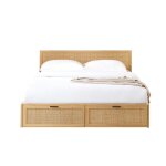 Lit  tiroirs cannage rotin 140x190 sommier inclus