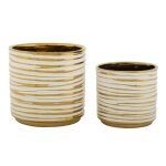 Lot de 2 cache - pot en c�ramique blanc et or � 23x22 - 18x17, 5 cm