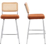 Lot de 2 chaises de bar chromées en cannage et tissu bouclé rouille Lot de 2 chaises de bar chromées en cannage et tissu bouclé rouille
