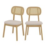 Lot de 2 chaises en bois clair, tissu beige et rotin synthétique Lot de 2 chaises en bois clair, tissu beige et rotin synthétique