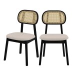Lot de 2 chaises en bois noir, tissu beige et rotin synthétique Lot de 2 chaises en bois noir, tissu beige et rotin synthétique