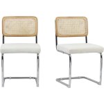 Lot de 2 chaises en cannage, tissu boucl cru et mtal chrom
