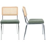 Lot de 2 chaises chromées, cannage et velours côtelé vert Lot de 2 chaises chromées, cannage et velours côtelé vert