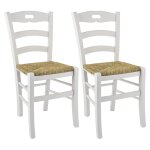 Lot de 2 chaises laques blanc et assises en paille