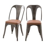 Lot de 2 chaises en mtal gris et cuir synthtique marron