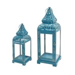Lot de 2 lanternes sculpt� bleu clair et dor�