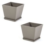 Lot de 2 pots carr�s 38x38 cm en polypropyl�ne taupe avec soucoupe