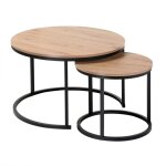 Lot de 2 tables basses gigognes rondes - effet chêne et noir Lot de 2 tables basses gigognes rondes - effet chêne et noir