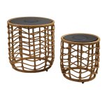 Lot de 2 tables basses solaire poly rotin bois 35 cm et 45 cm Lot de 2 tables basses solaire poly rotin bois 35 cm et 45 cm