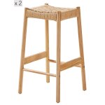 Lot de 2 tabourets de bar en bois massif et corde Lot de 2 tabourets de bar en bois massif et corde
