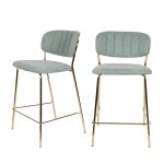 Lot de 2 tabourets bar en tissu avec pieds dorés h65cm - vert de gris Lot de 2 tabourets bar en tissu avec pieds dorés h65cm - vert de gris